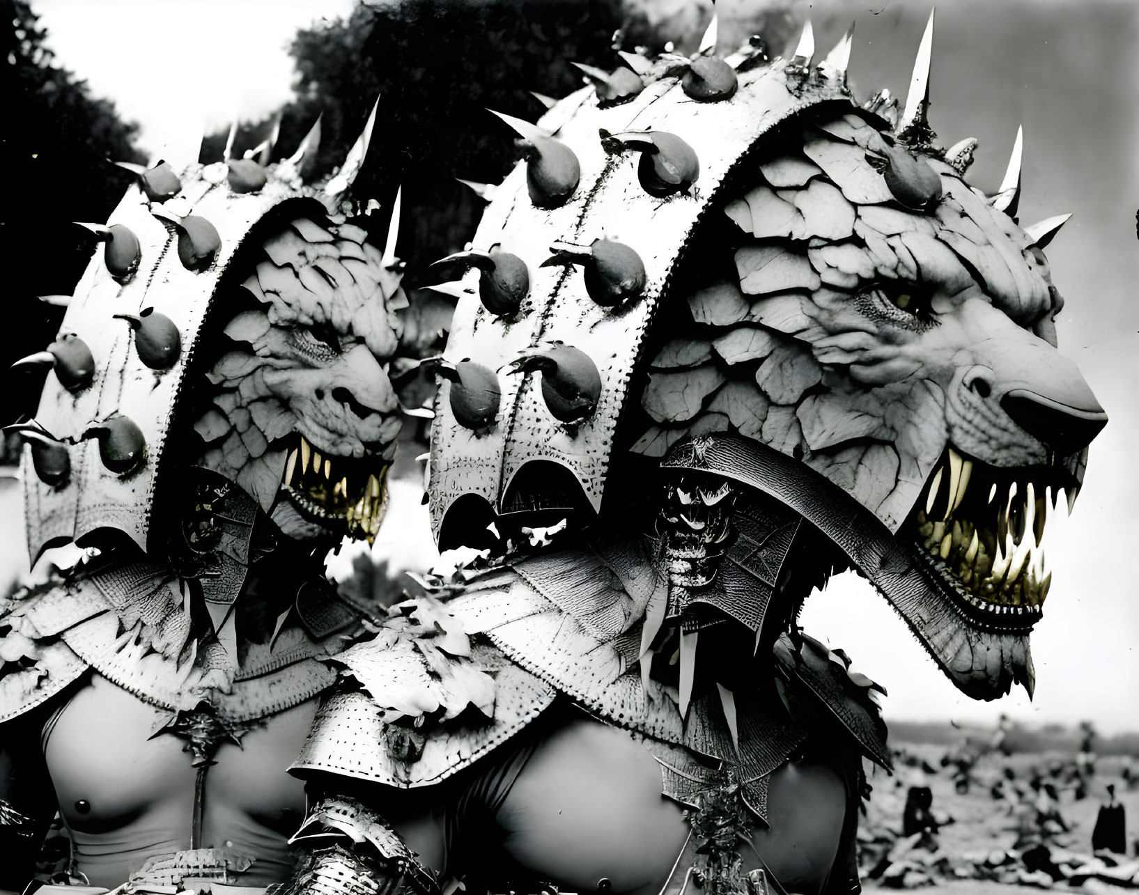 Elaborate dragon costumes with spikes and menacing teeth at a festivity.