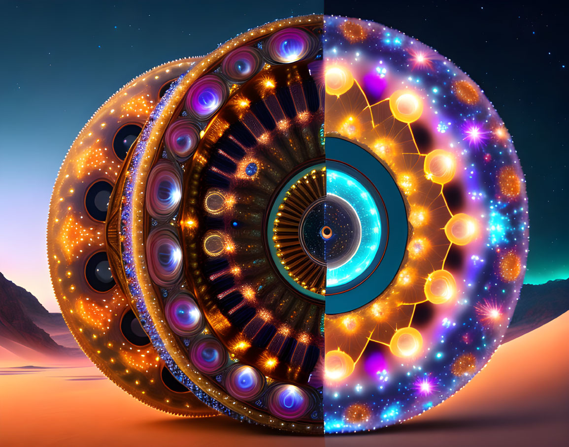 Colorful artwork of mechanical circular structure with glowing orbs in desert twilight