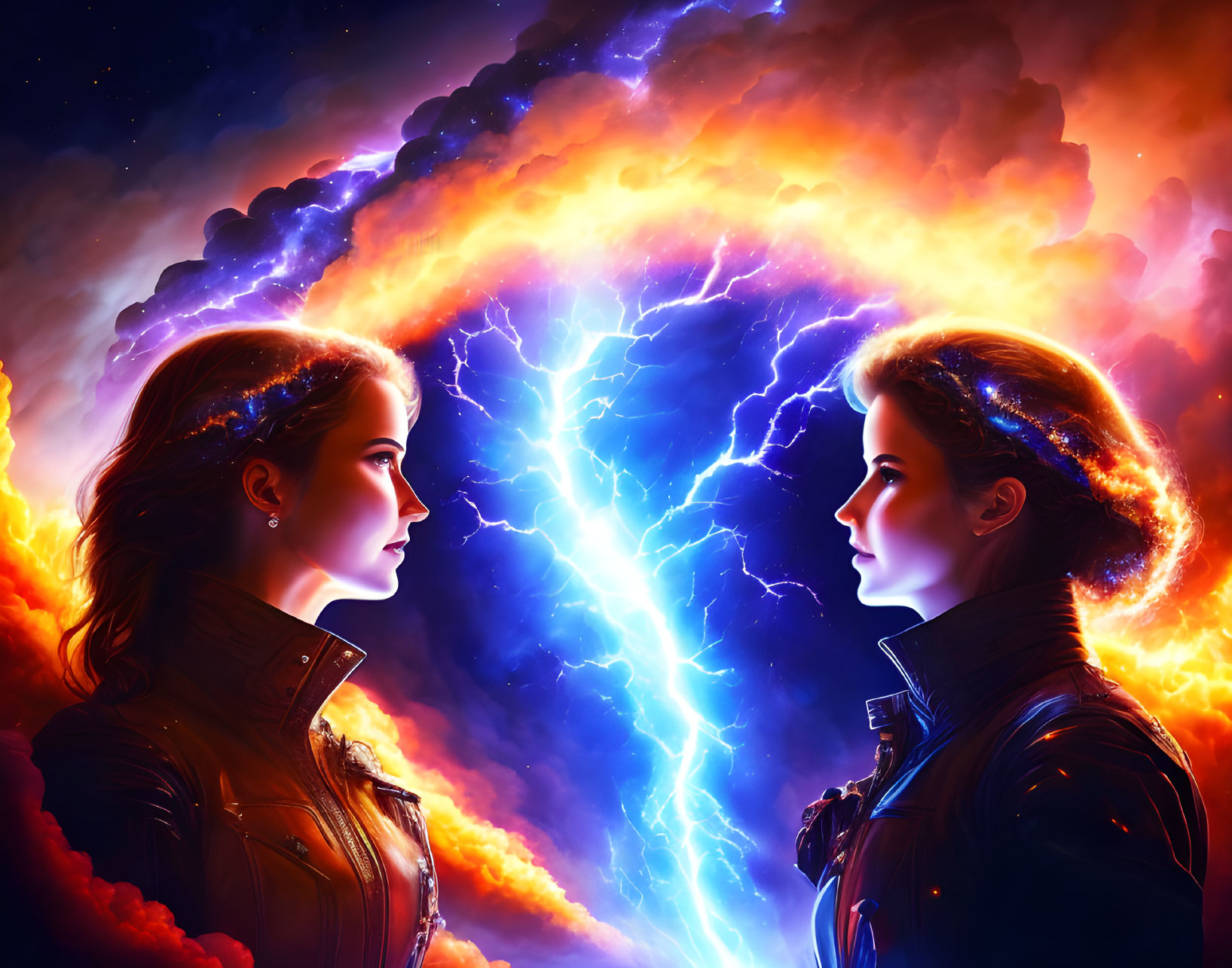 Two women in cosmic setting with swirling clouds and lightning