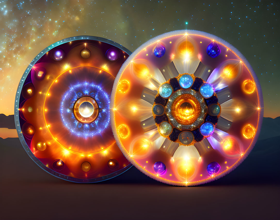 Intricately designed futuristic disks with glowing elements against starry night sky