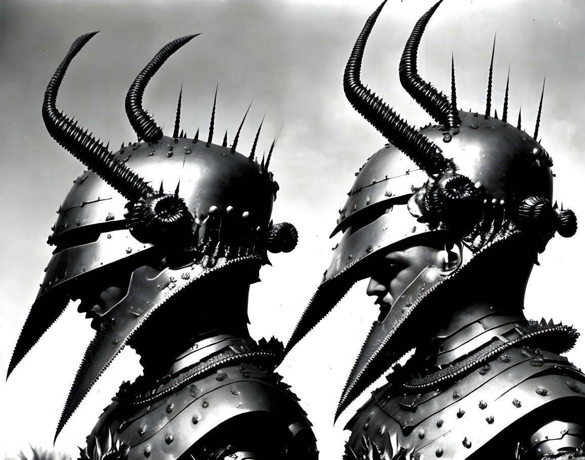 Elaborate spiked helmets with prominent horns on two individuals