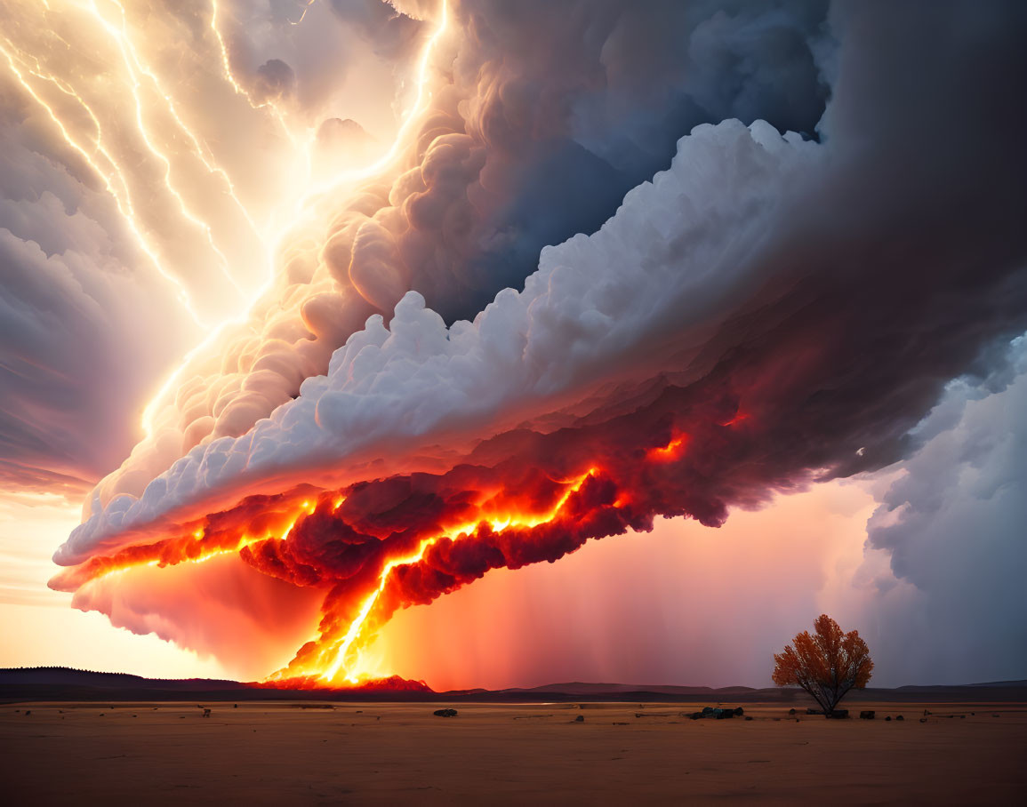 Supercell Thunderstorm with Orange Lightning in Barren Landscape