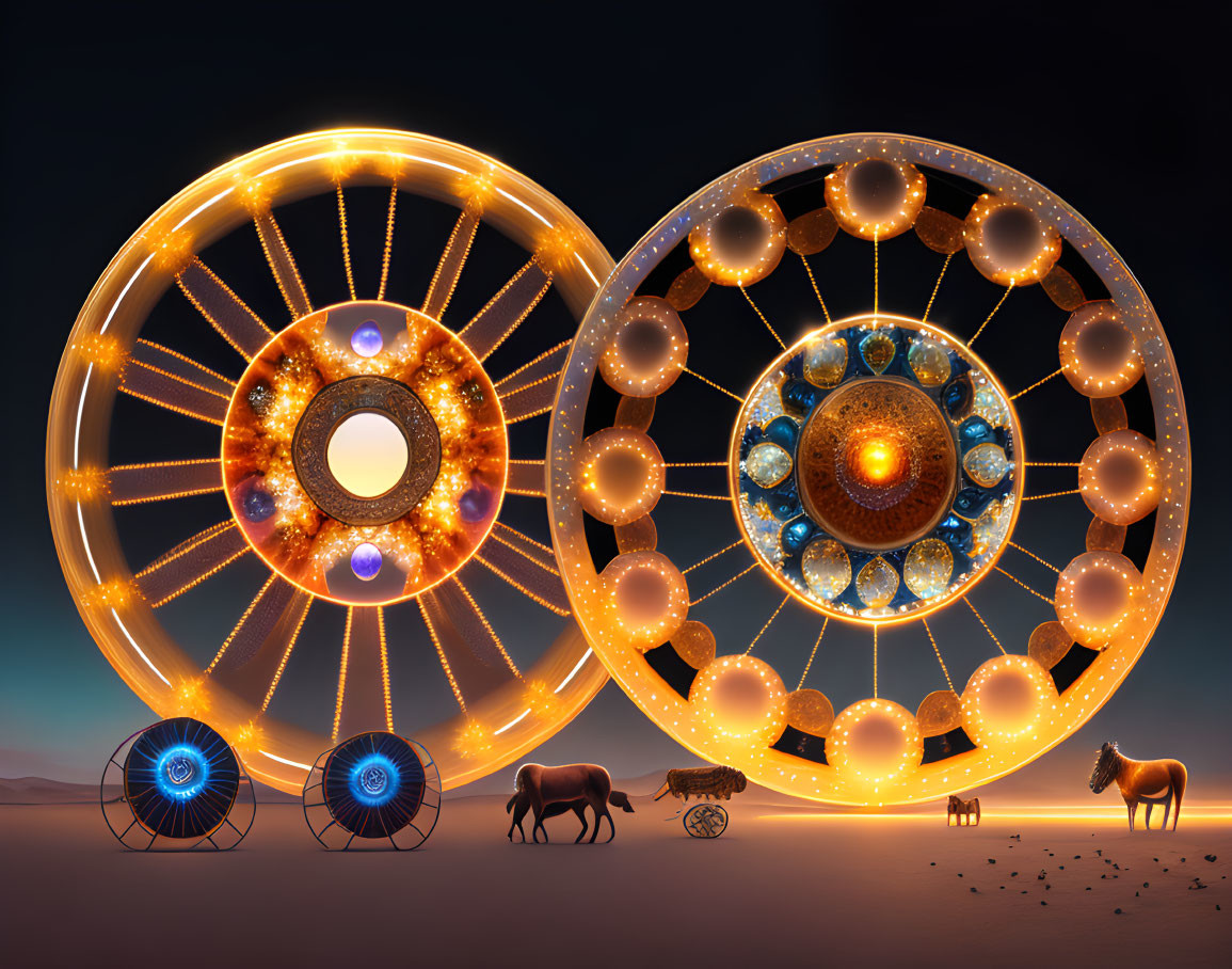 Ornate glowing wheels above desert landscape with horse silhouettes
