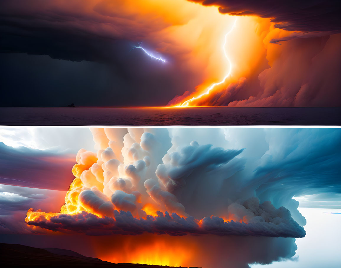 Dramatic diptych of fierce storm with lightning and fiery glow illuminating massive cloud formation