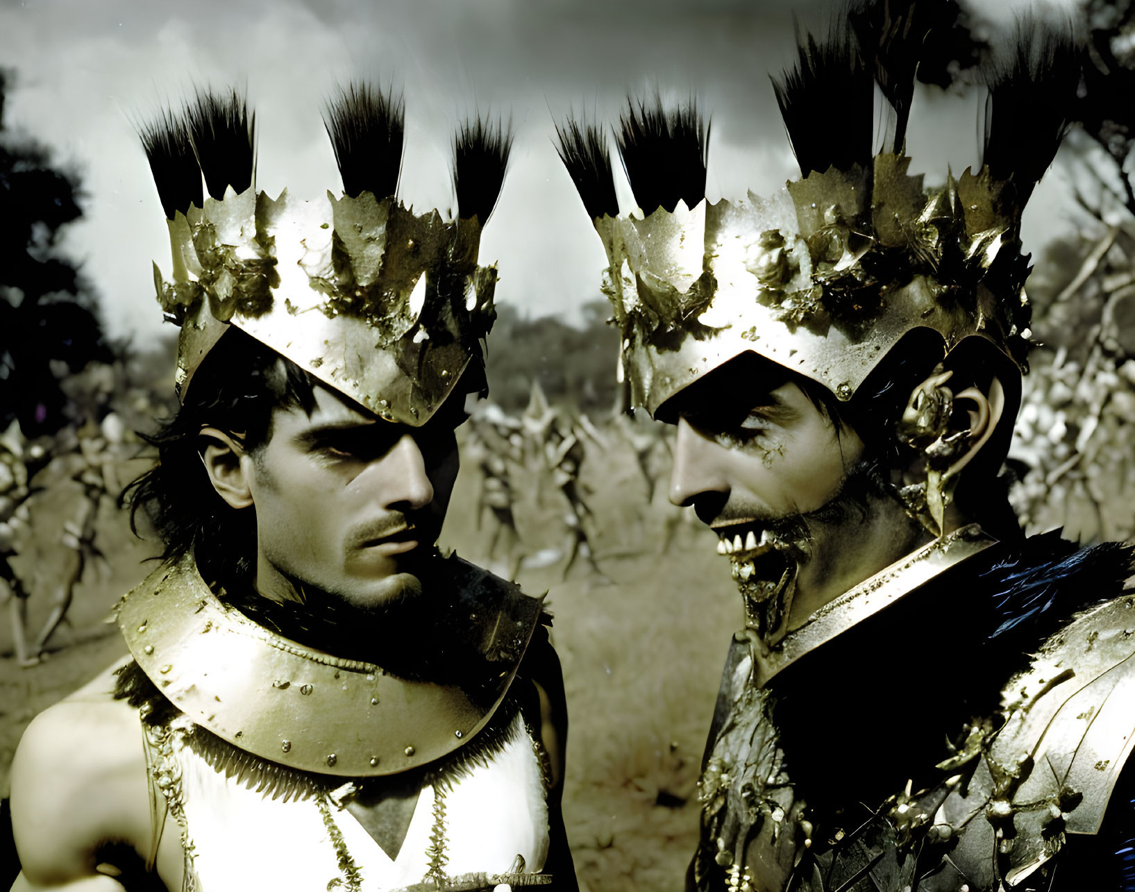 Two Men in Elaborate Costumes with Spiky Headgear and Golden Armor