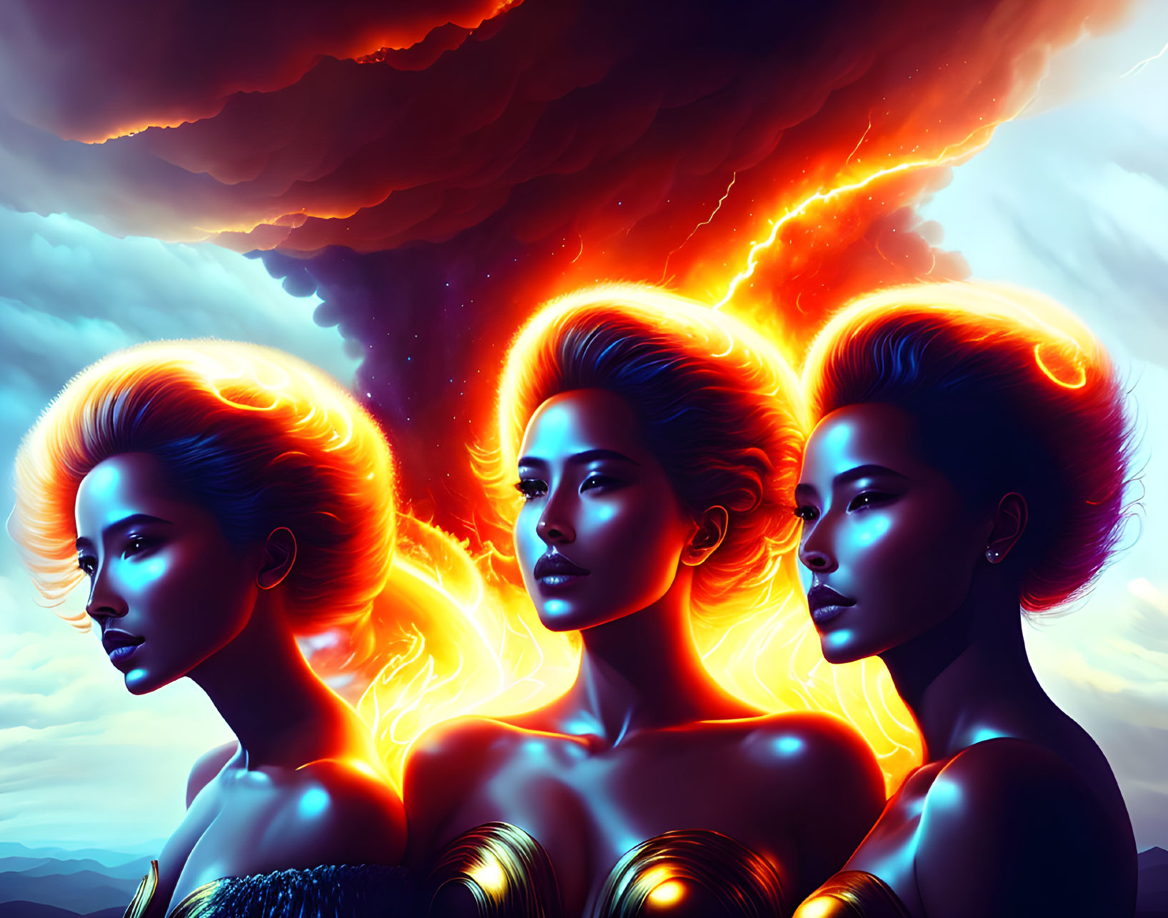 Three women with fiery hair in dramatic mountain setting