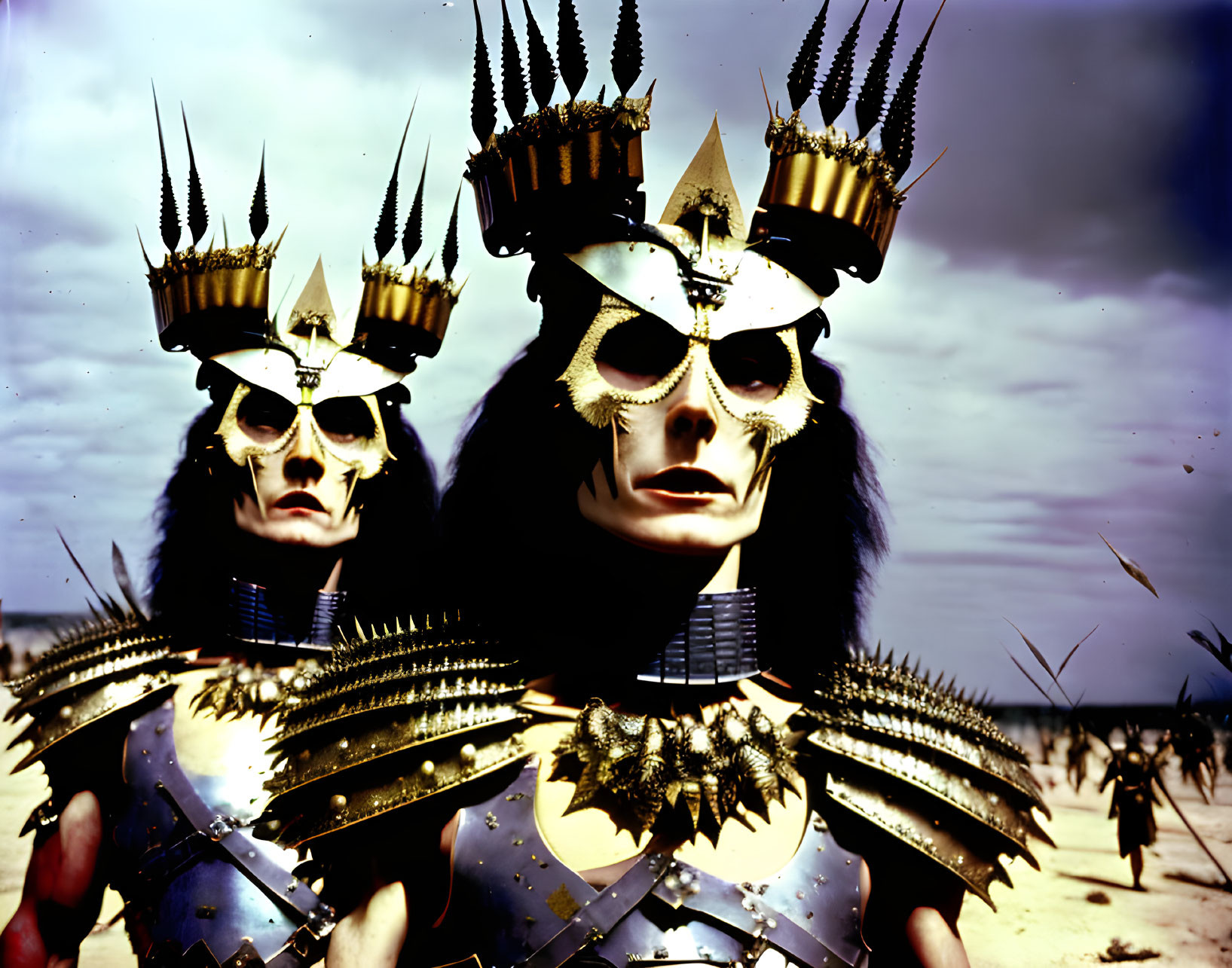 Elaborately costumed individuals with spiked shoulder pads and crowns against a dramatic backdrop.