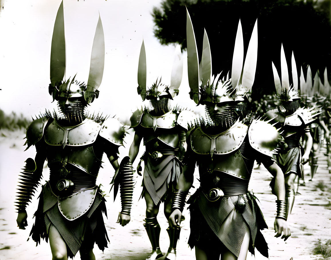 Warriors in stylized armor with elongated helmets marching in formation