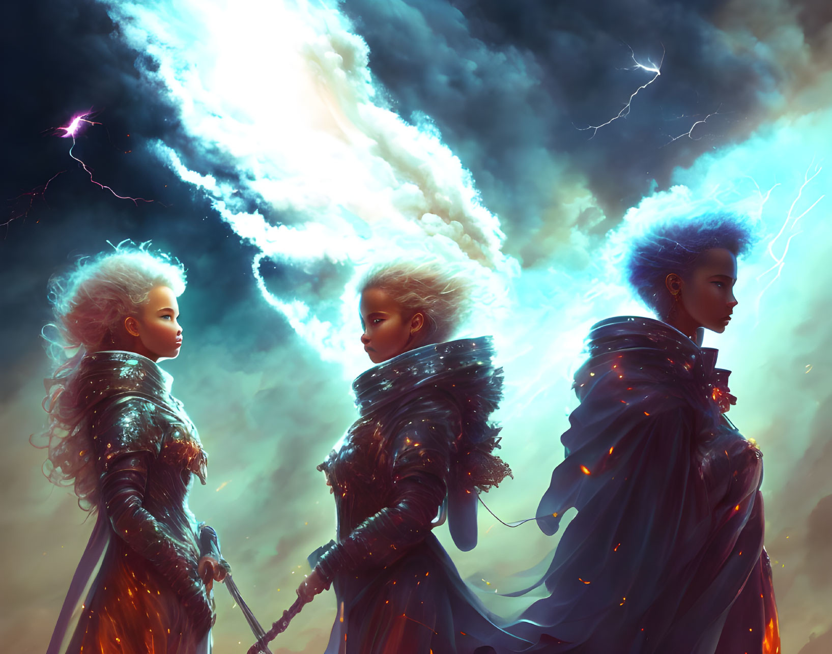 Ethereal figures with luminous cloud-like hair in stormy backdrop