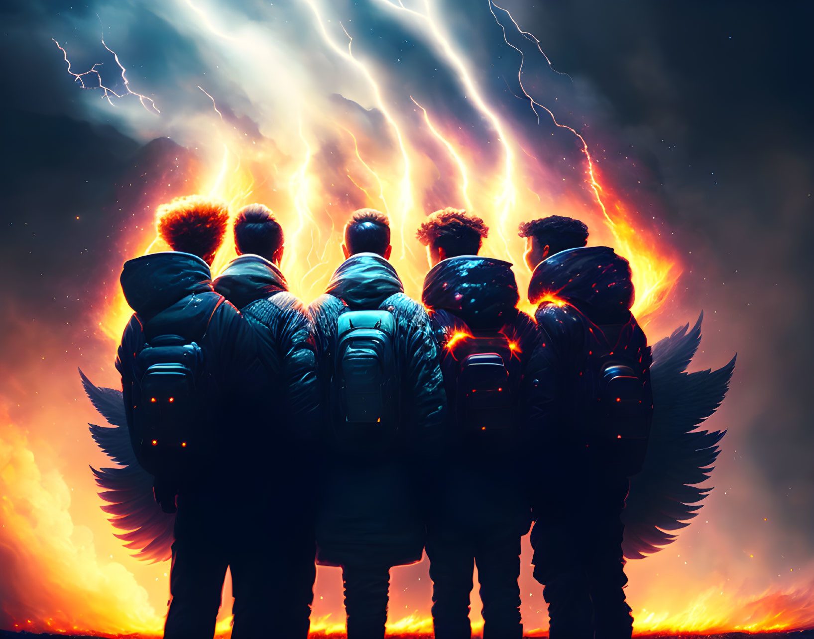 Four individuals with angel wings and backpacks in front of fiery explosion and lightning bolts.