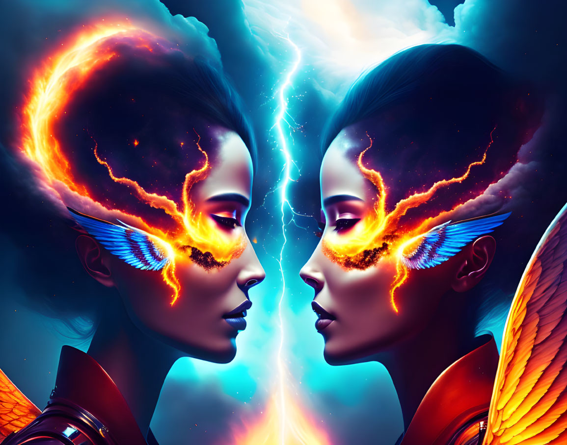 Symmetrical faces with fiery wing patterns on cosmic background