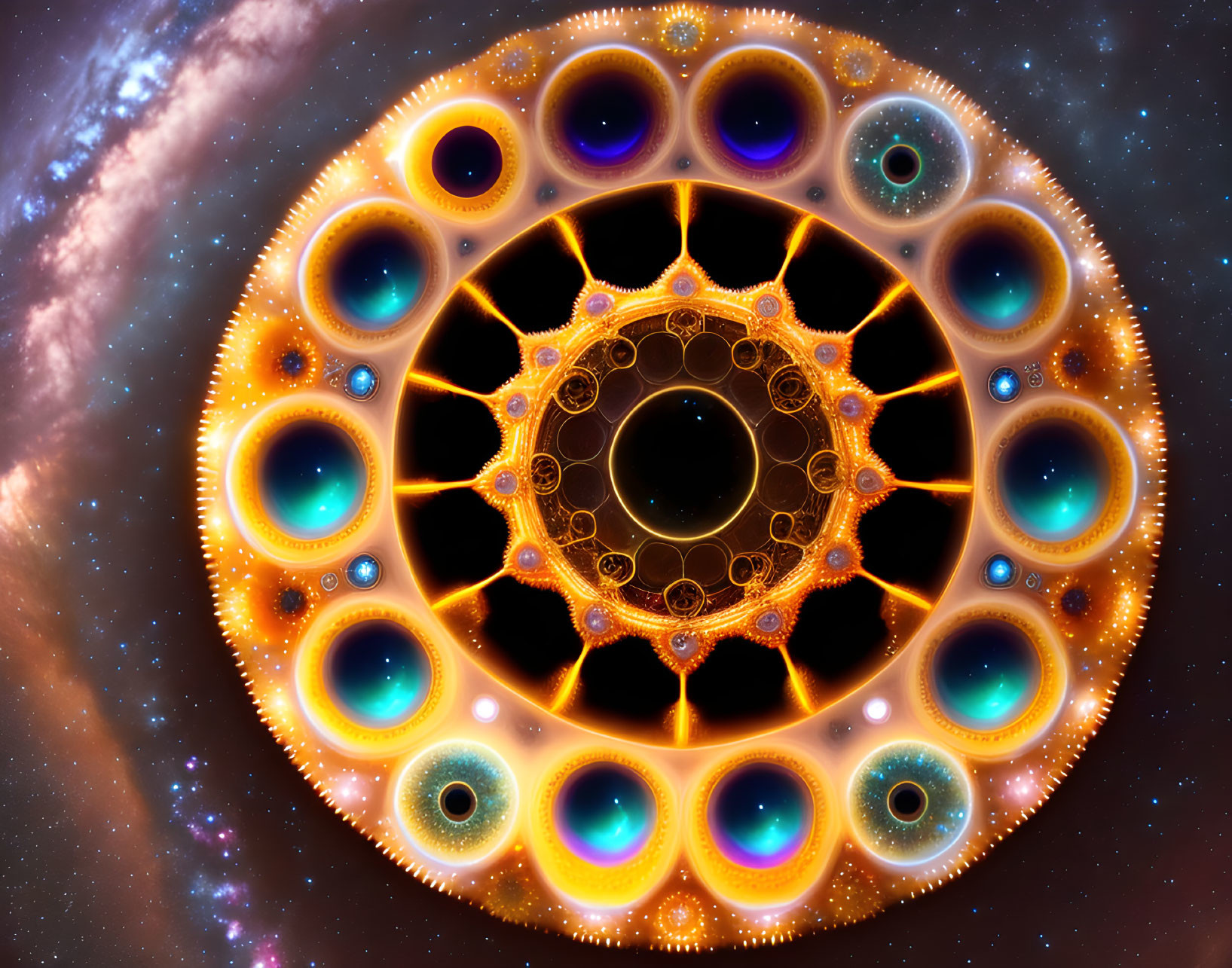 Colorful circular fractal design on cosmic background.