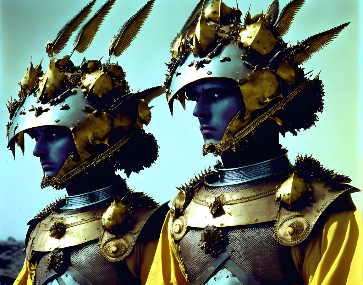 Two individuals in ornate feathered helmets and gilded armor portraying historical warriors.