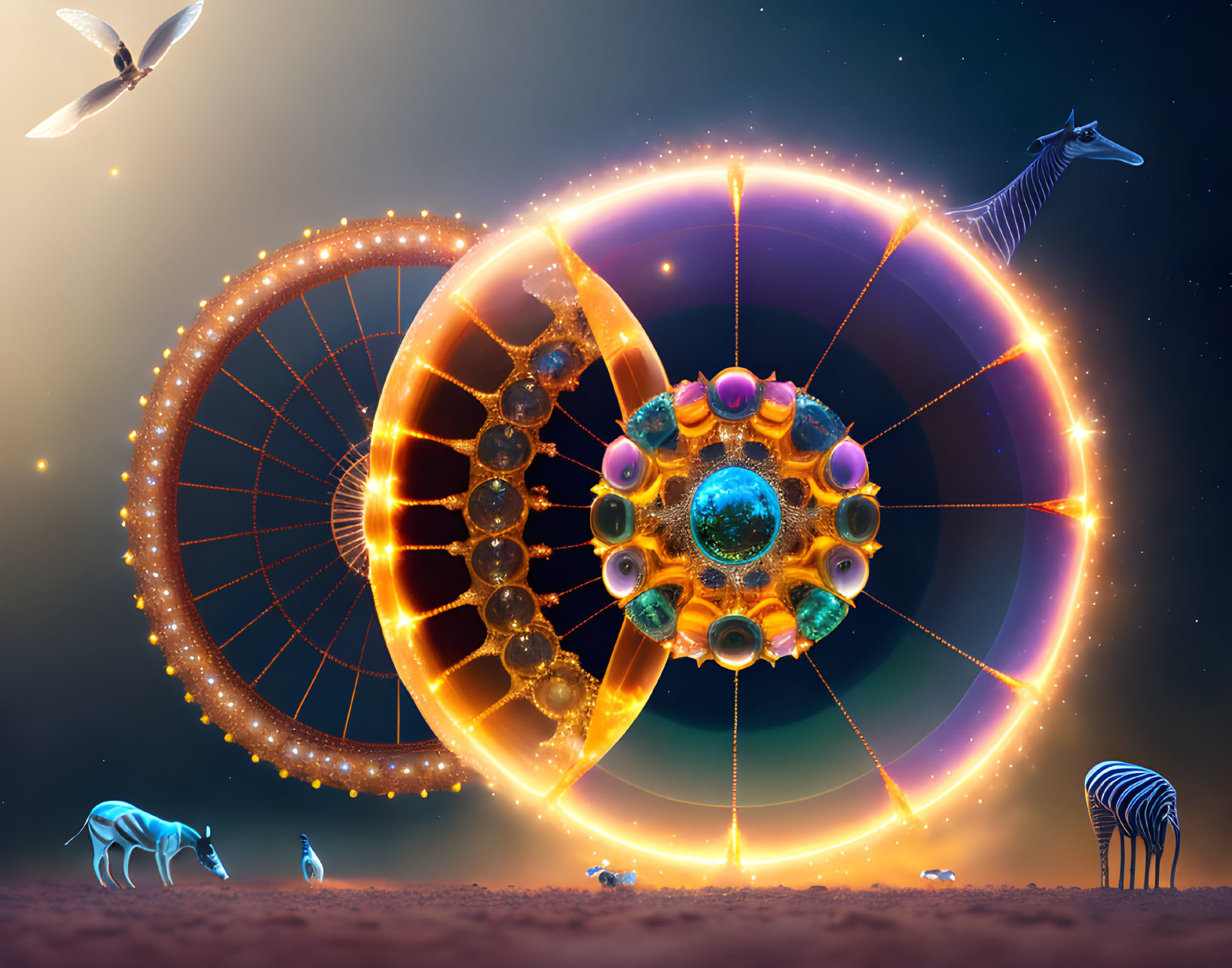 Surreal cosmic landscape with animals, spinning wheel, orbs, and celestial background.