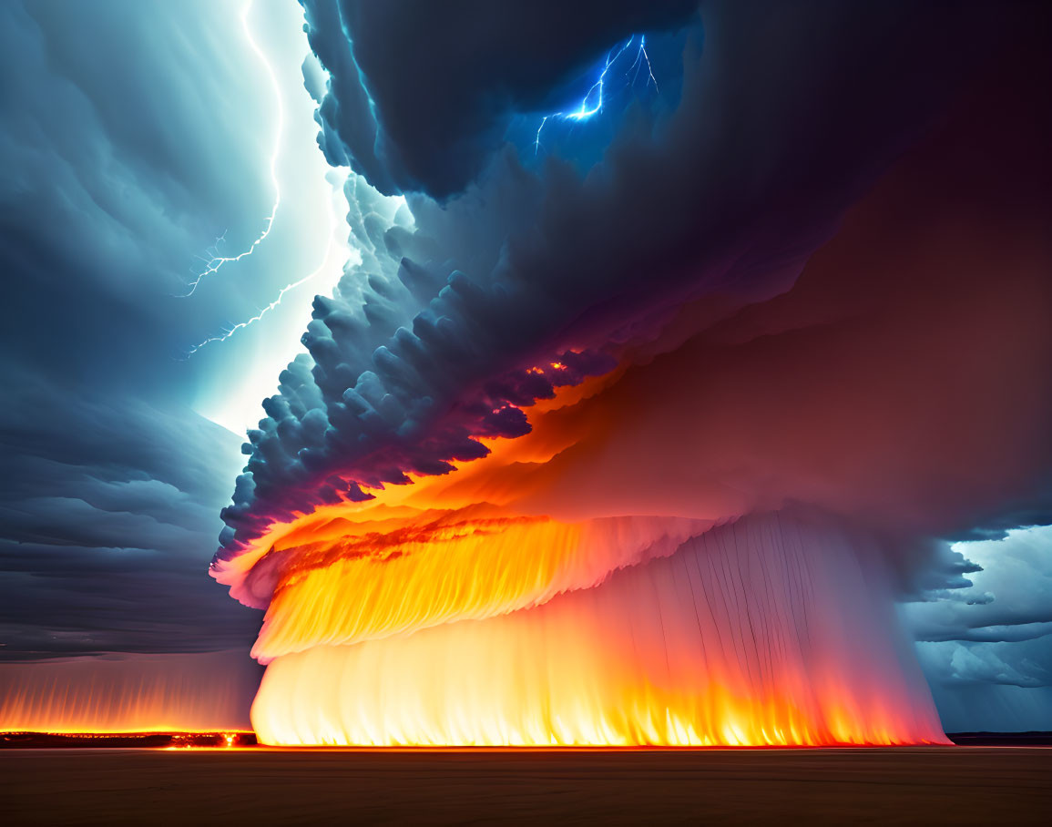 Fiery orange supercell thunderstorm with bright lightning