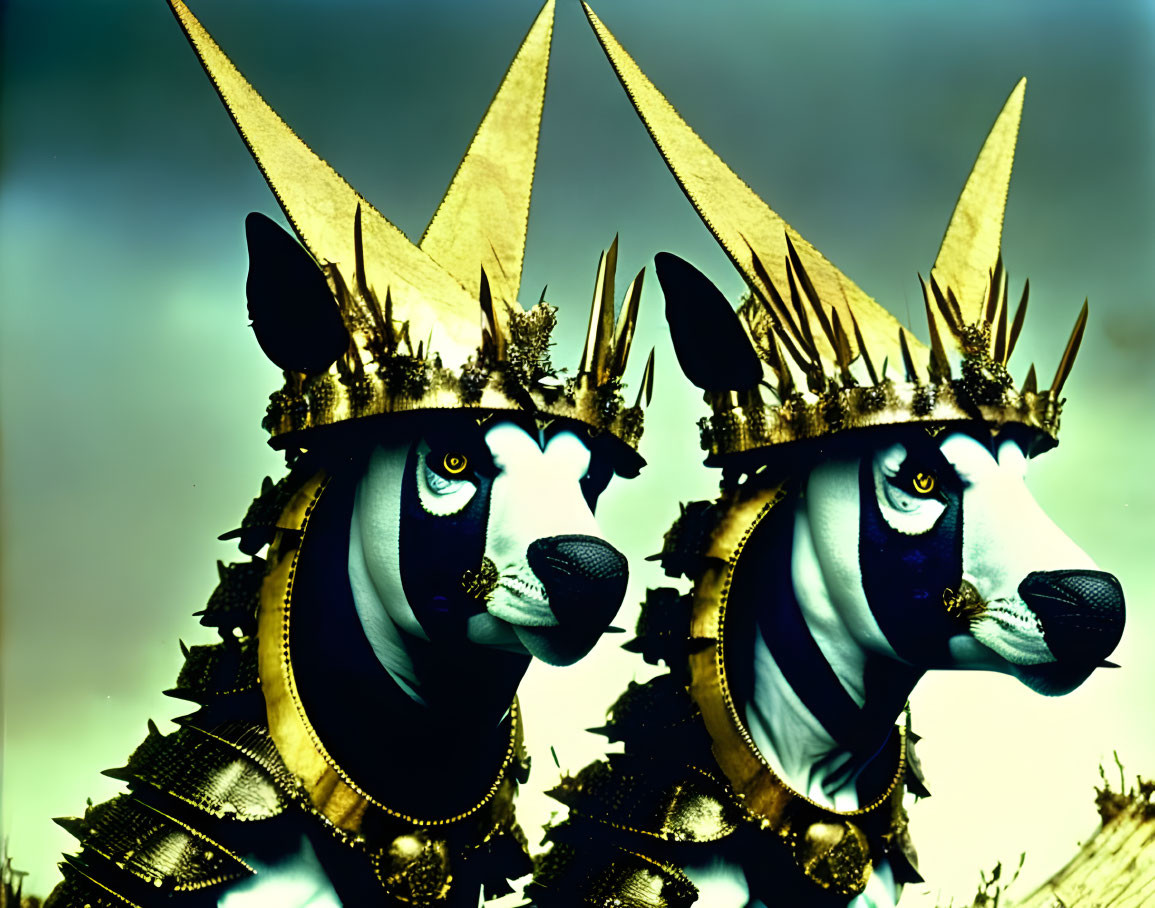 Stylized wolf-like figures in golden crowns and armor under tinted sky