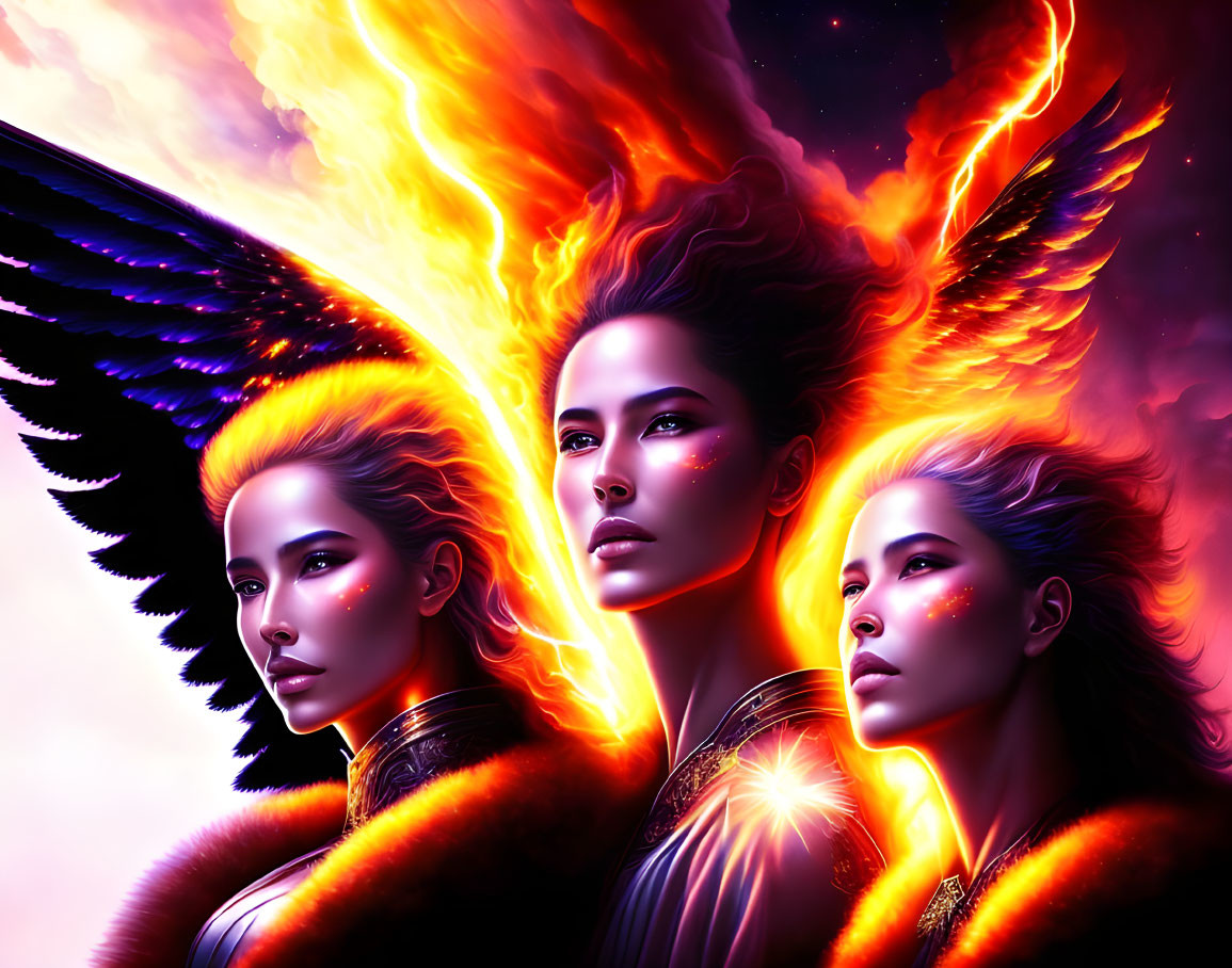 Illustrated women with angelic and phoenix wings in vibrant celestial scene