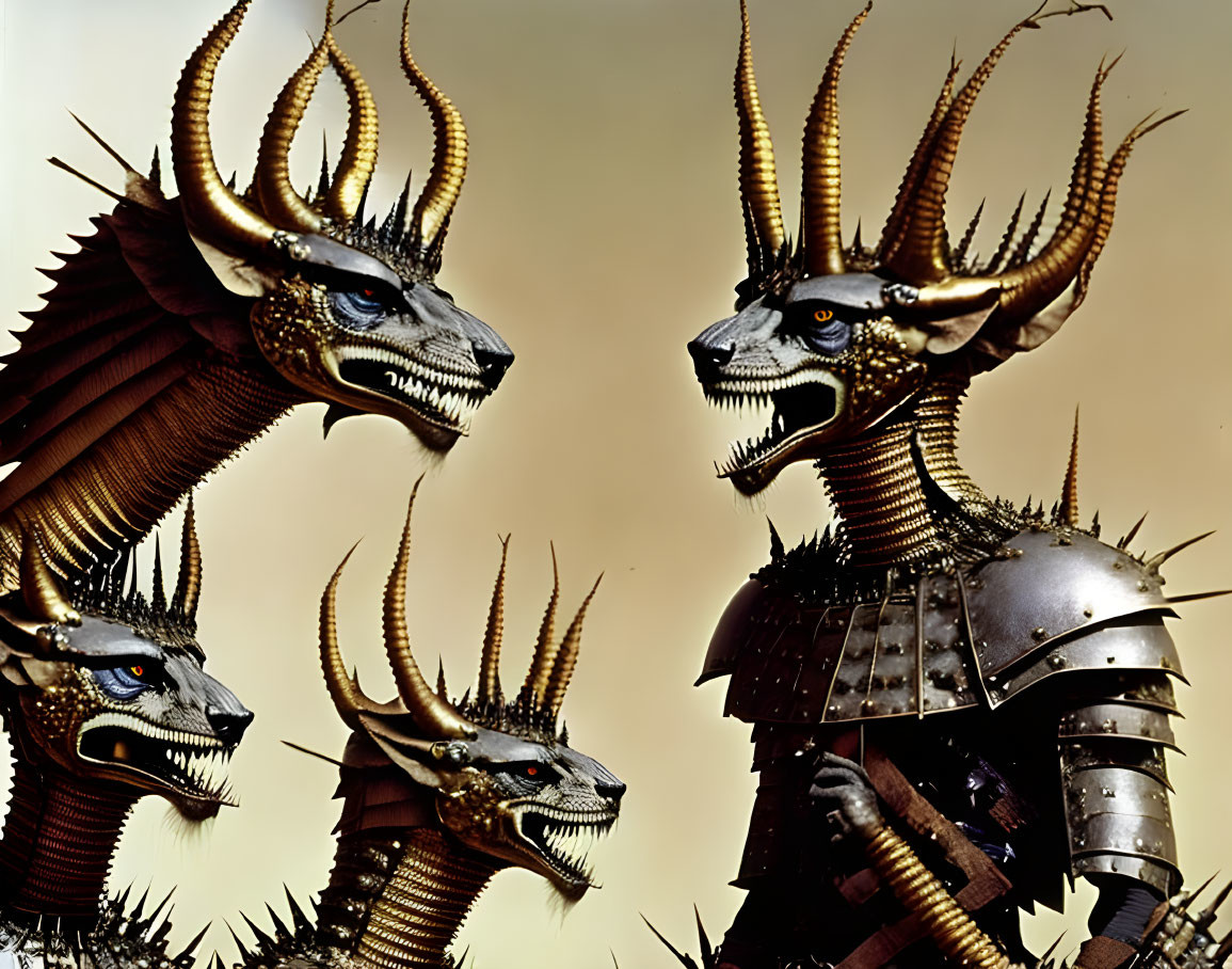 Four detailed dragon heads in metallic armor on tan backdrop