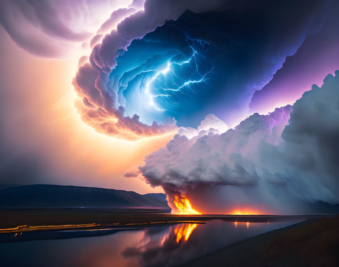 Supercell Thunderstorm Lightning Over Volcanic Eruption and Water Body