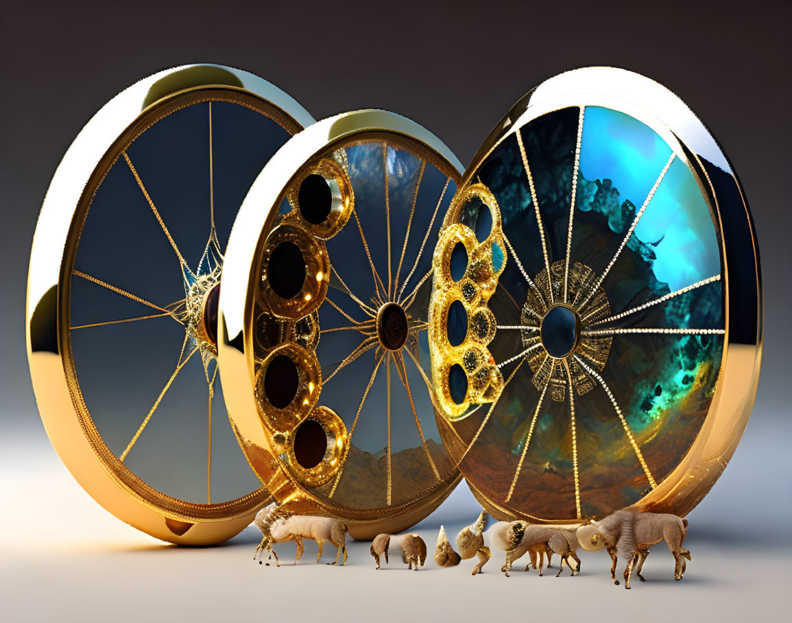 Golden Bicycle Wheels and Marching Elephants on Monochrome Gradient