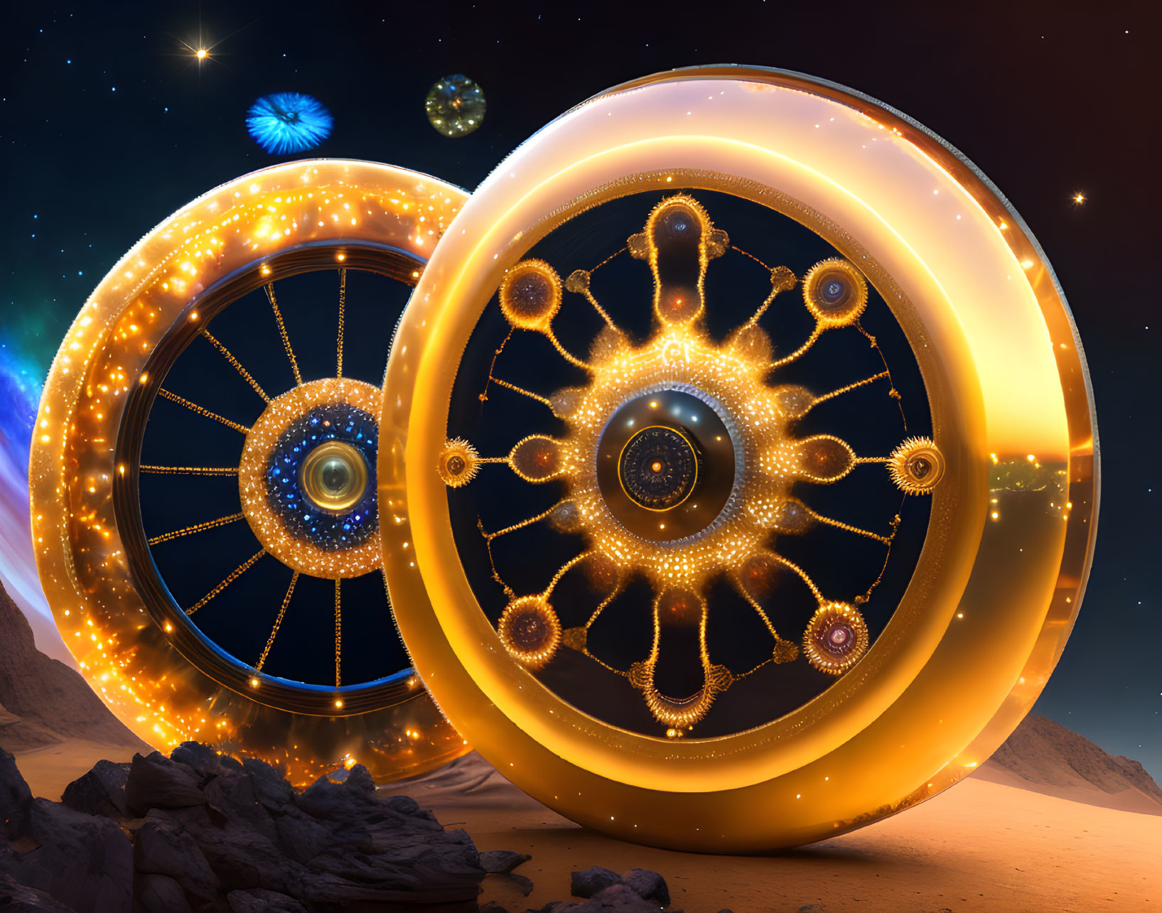 Ornate Glowing Wheels Hovering Above Desert Landscape