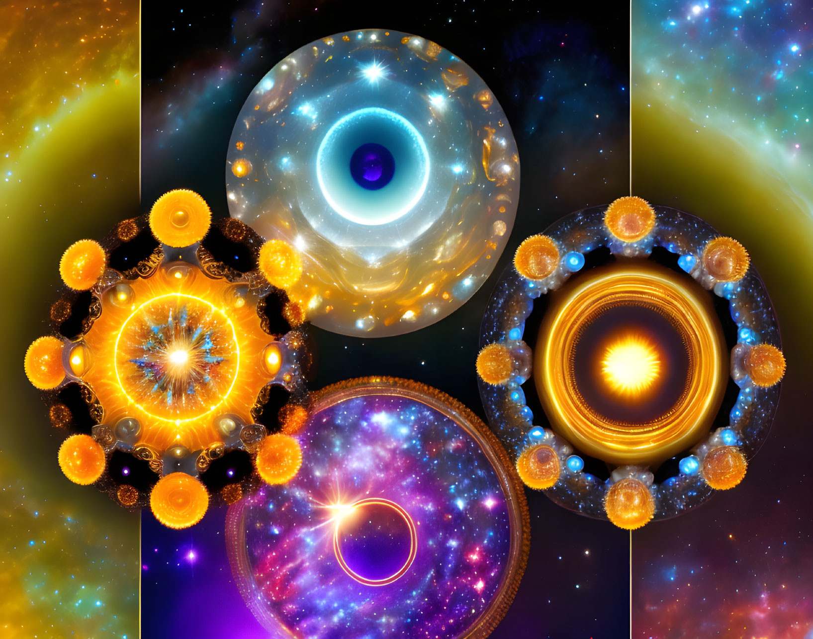 Colorful digital artwork: Four cosmic mandalas with glowing cores in starry nebula setting