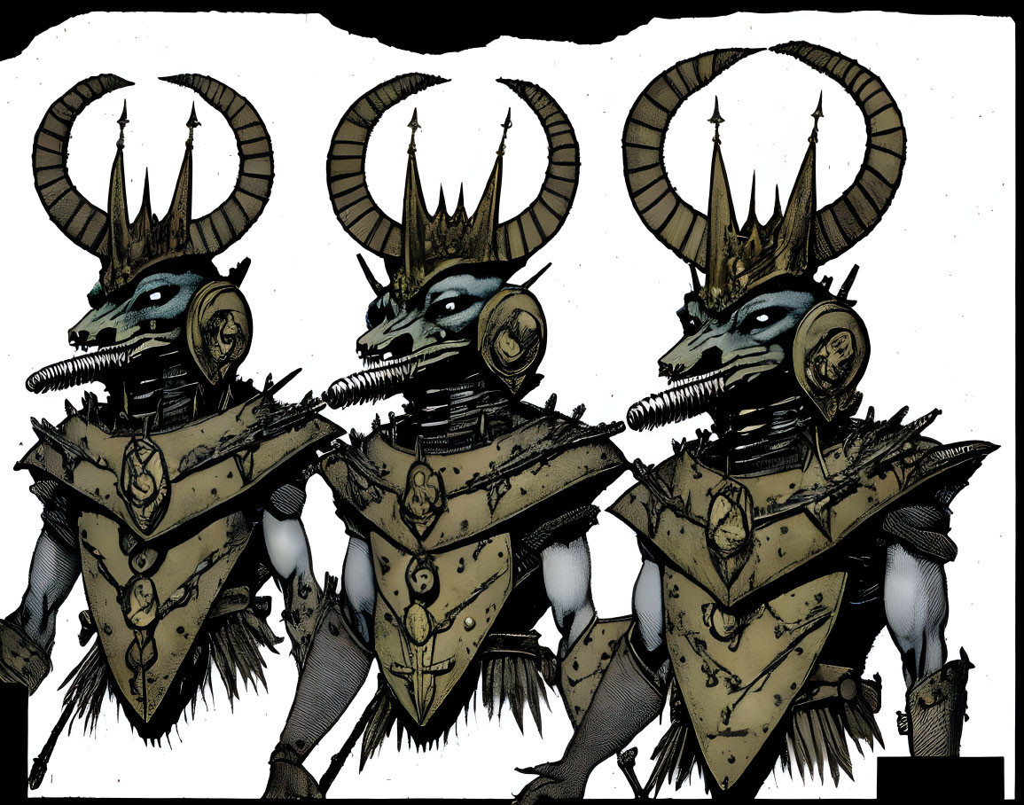 Three stylized mechanized dragon figures with horns and crowned heads on a white background with grunge texture