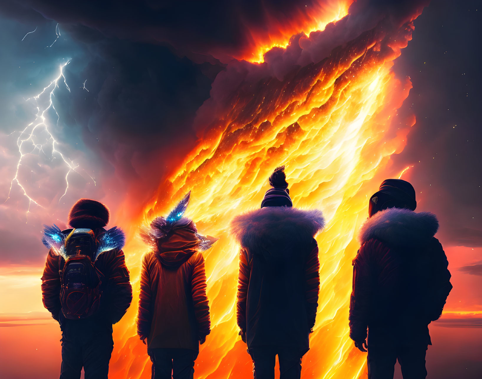 Four people in winter clothes witness fiery explosion with lightning