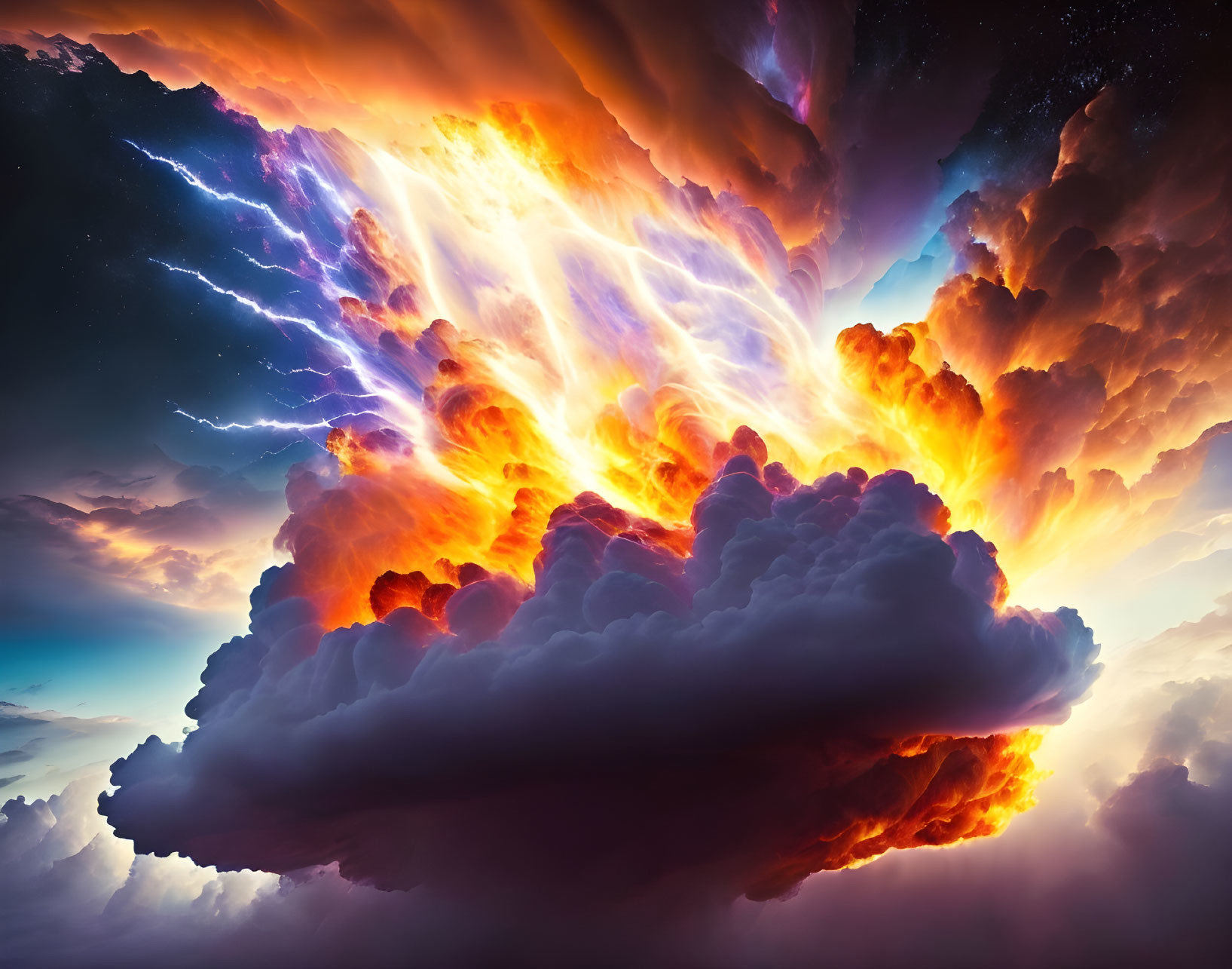 Vibrant orange and yellow sky explosion against deep blue backdrop