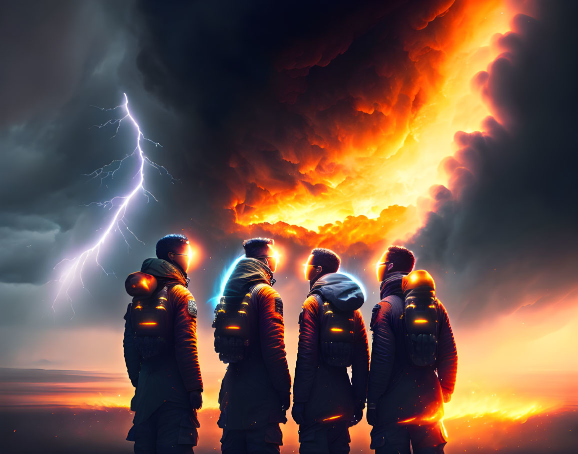 Astronauts in front of dramatic sky with lightning and fiery clouds