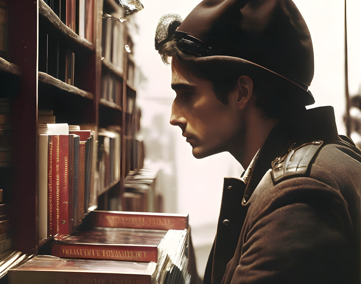 Vintage military uniformed young man browsing books in old-fashioned library