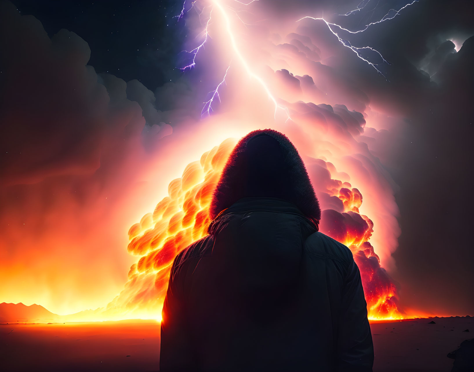 Person in dark jacket watches volcanic eruption with lightning at night