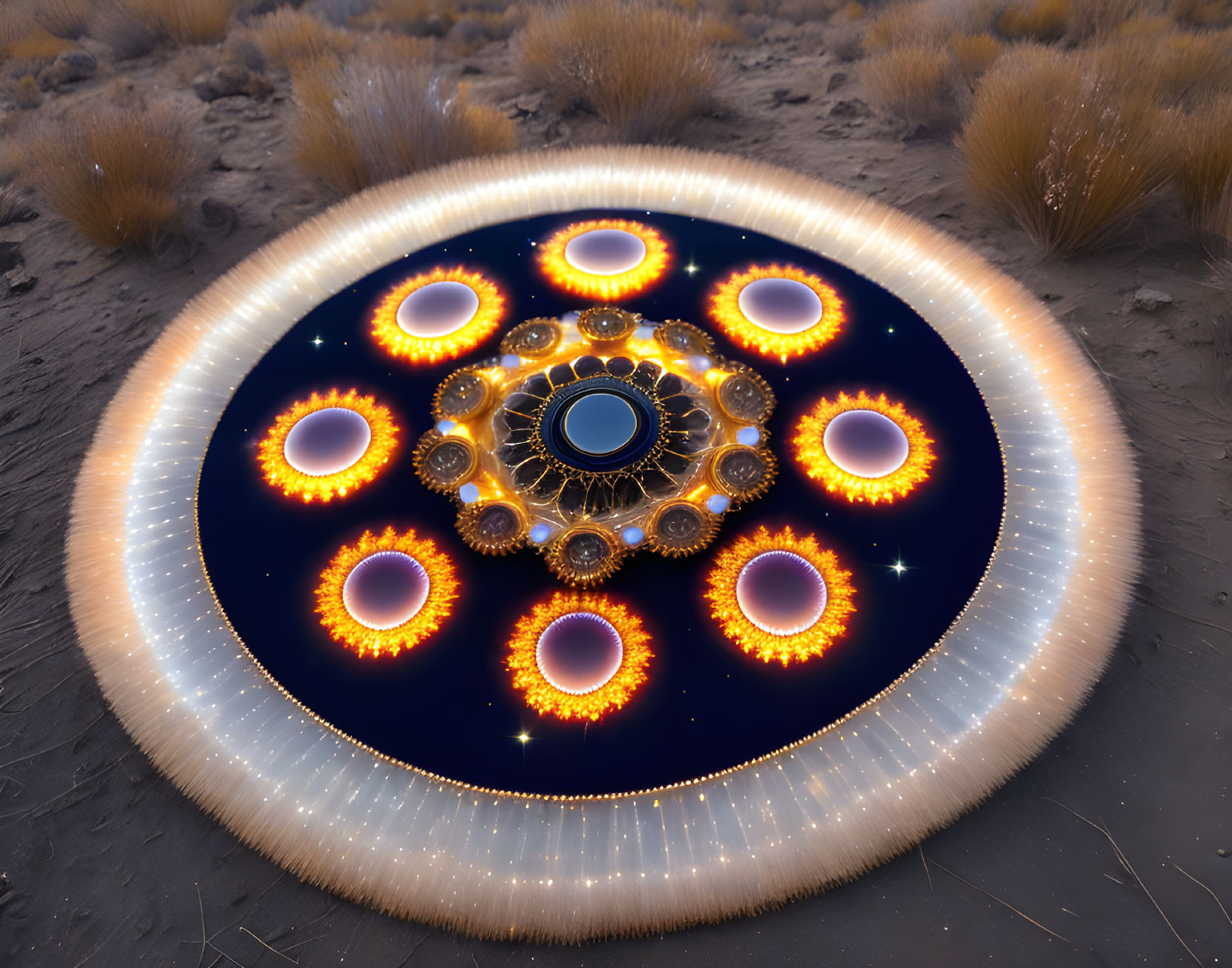 Circular desert light installation glows in orange and blue hues