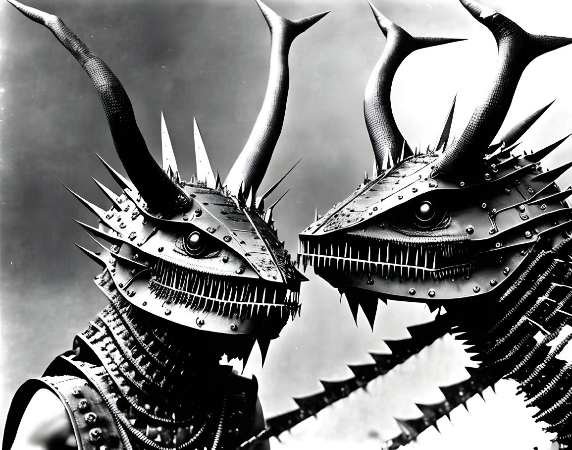 Ornate dragon heads with spikes and horns in dramatic monochrome tone