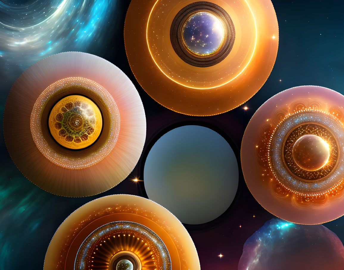 Stylized ornate spheres in cosmic digital artwork