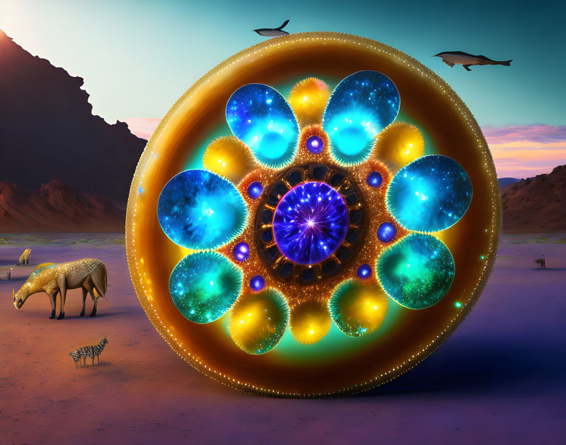 Circular object with glowing orbs hovers over a desert with zebra, elephant, and flying stingrays