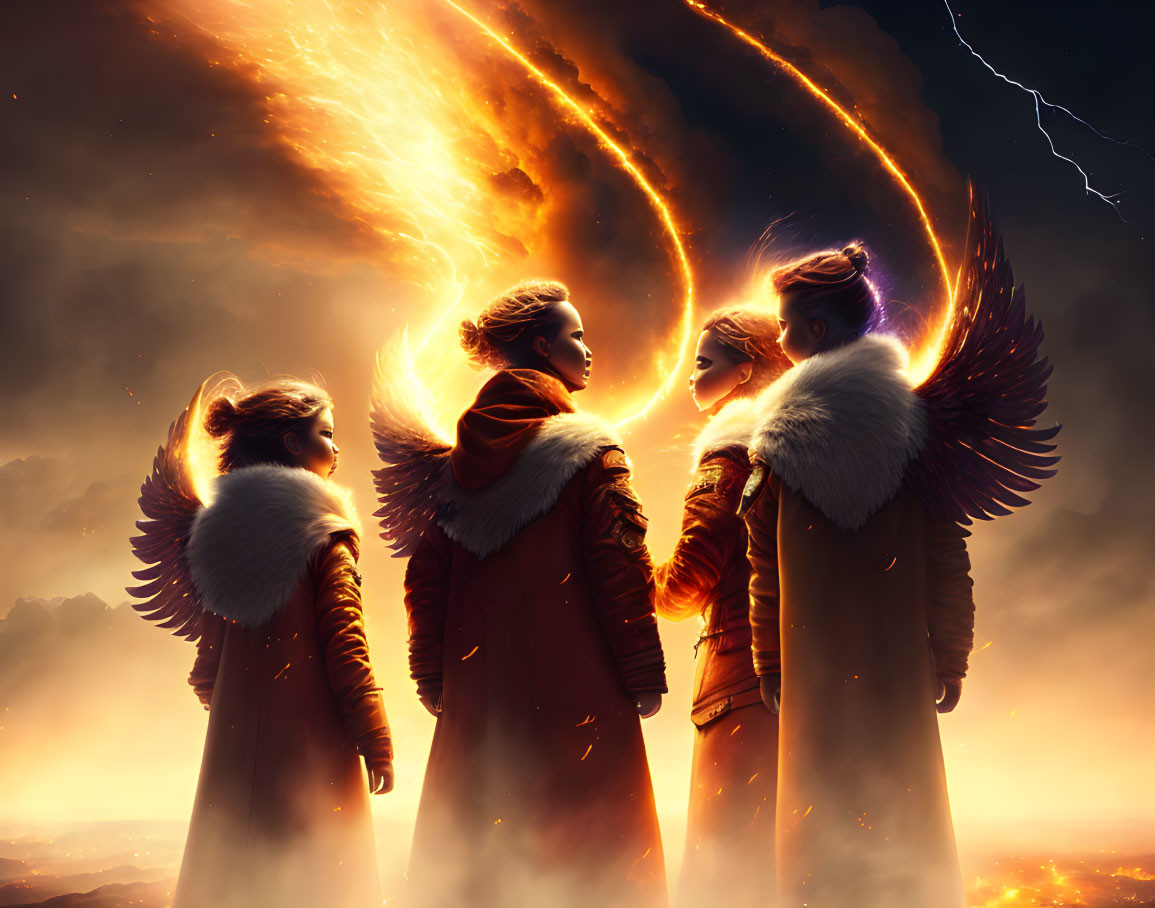 Four angelic figures with fiery wings in a circle holding hands under a dramatic sky