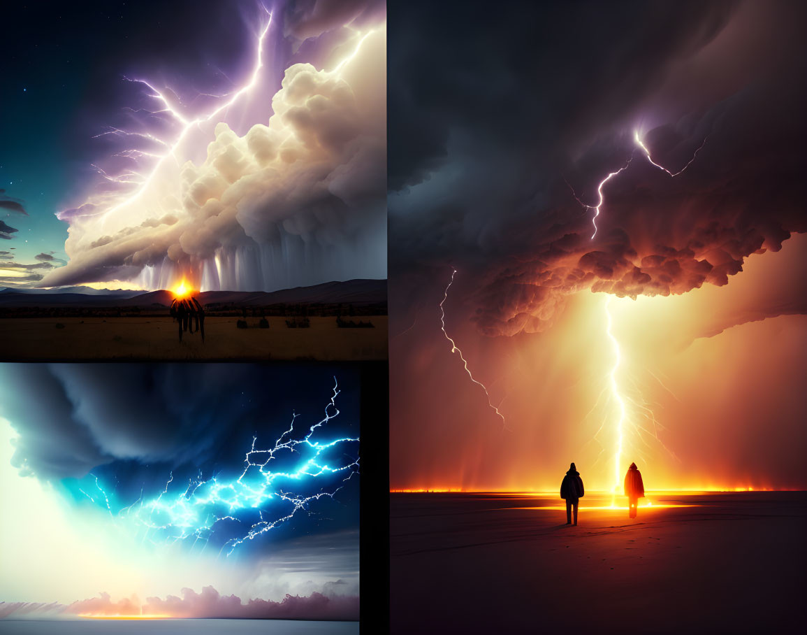 Collage of Four Dramatic Storm Scenes with Lightning Strikes