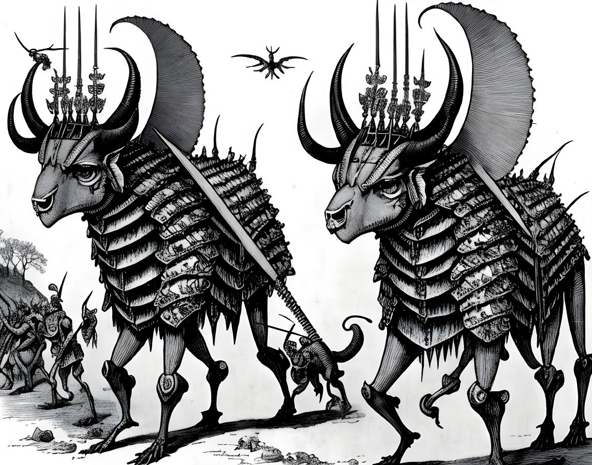 Armored creatures with bull-like heads and humanoid bodies in stylized battlefield scene.