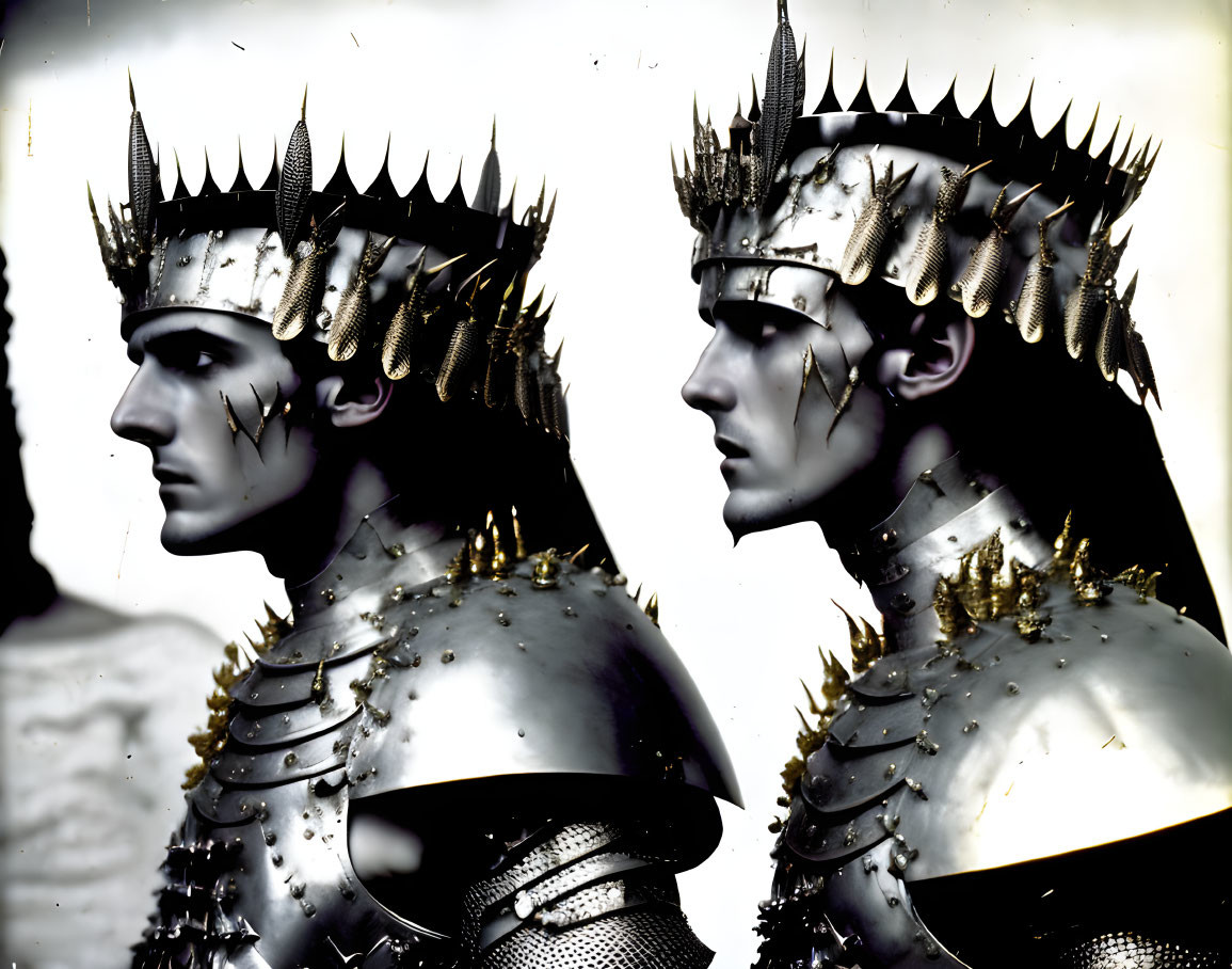 Metallic figures with spiked crowns and detailed armor embody regal warrior aesthetics.