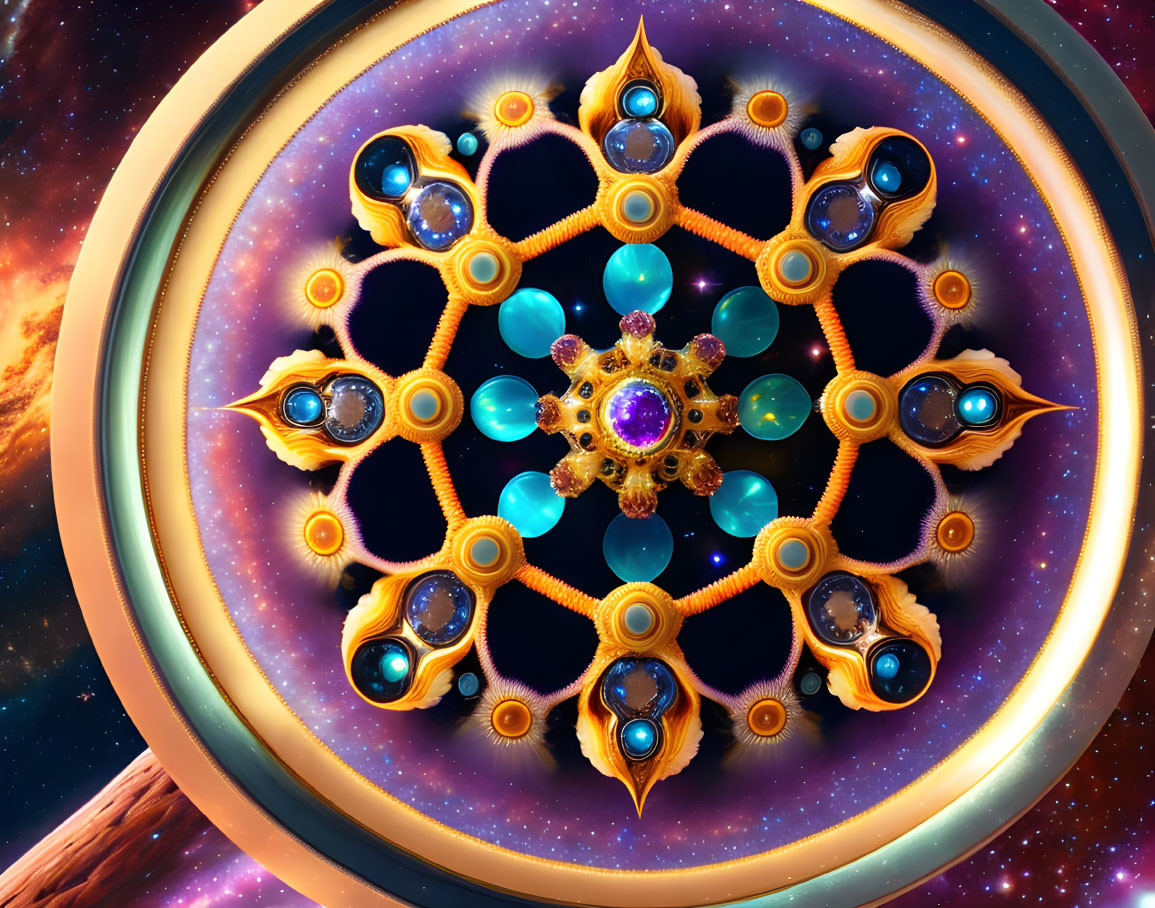 Colorful fractal mandala with golden patterns on cosmic background