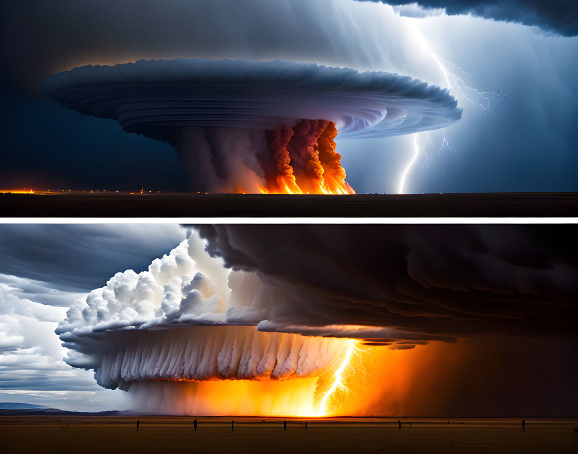 Dramatic two-part image of ominous mushroom-shaped cloud with lightning bolts