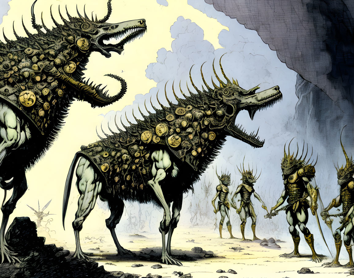 Armored beasts and warrior-like figures in barren landscape.