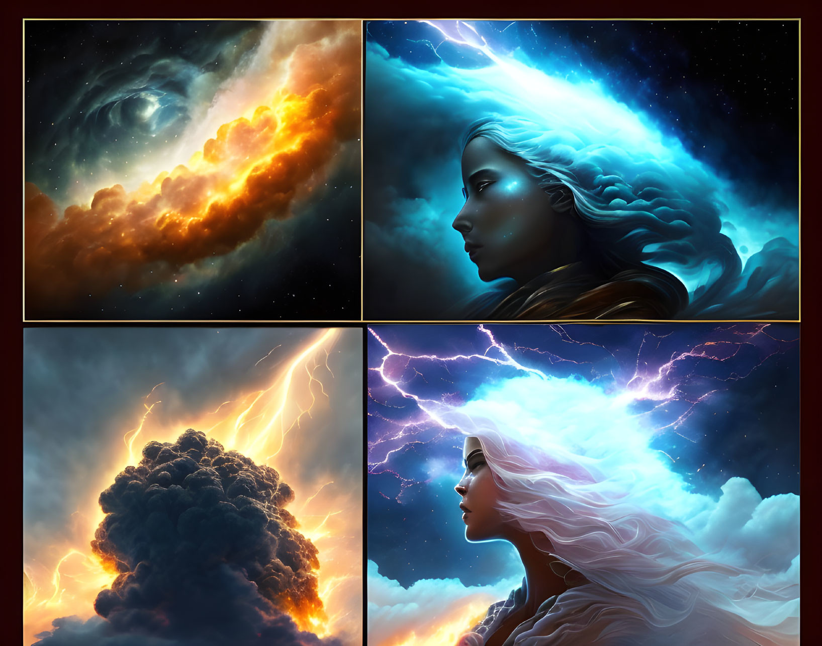 Four-panel Artwork: Cosmic Galaxy, Starry Hair Woman, Volcanic Eruption, Lightning