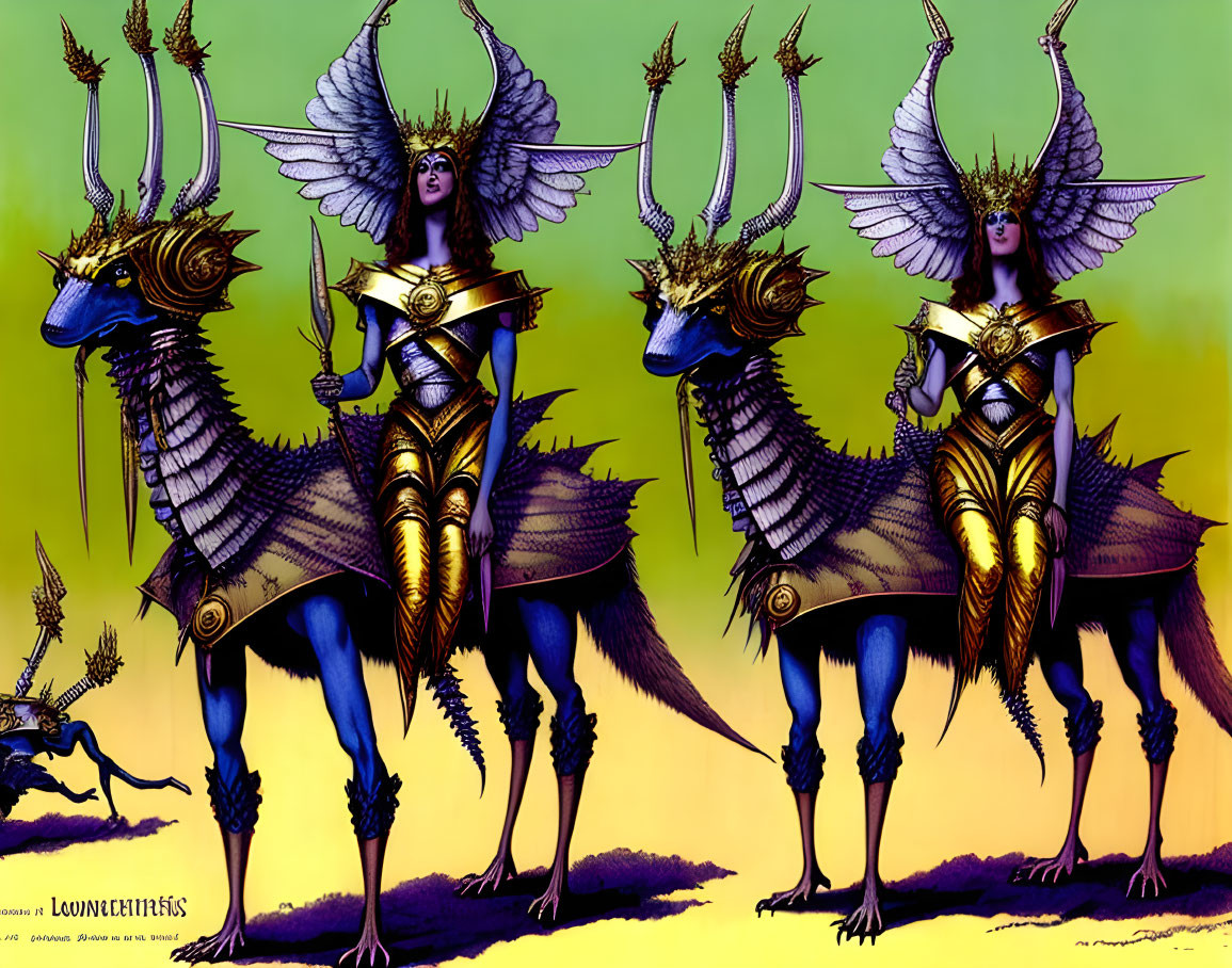 Mythical creatures with human female torsos and antelope-like lower bodies in golden armor with wings