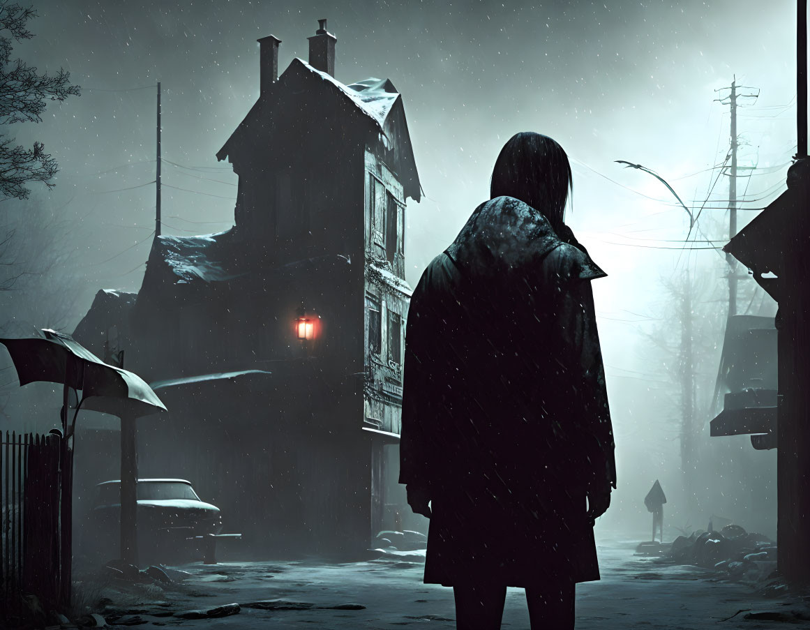 Person standing in snow at night by old house with glowing streetlight and falling snow.