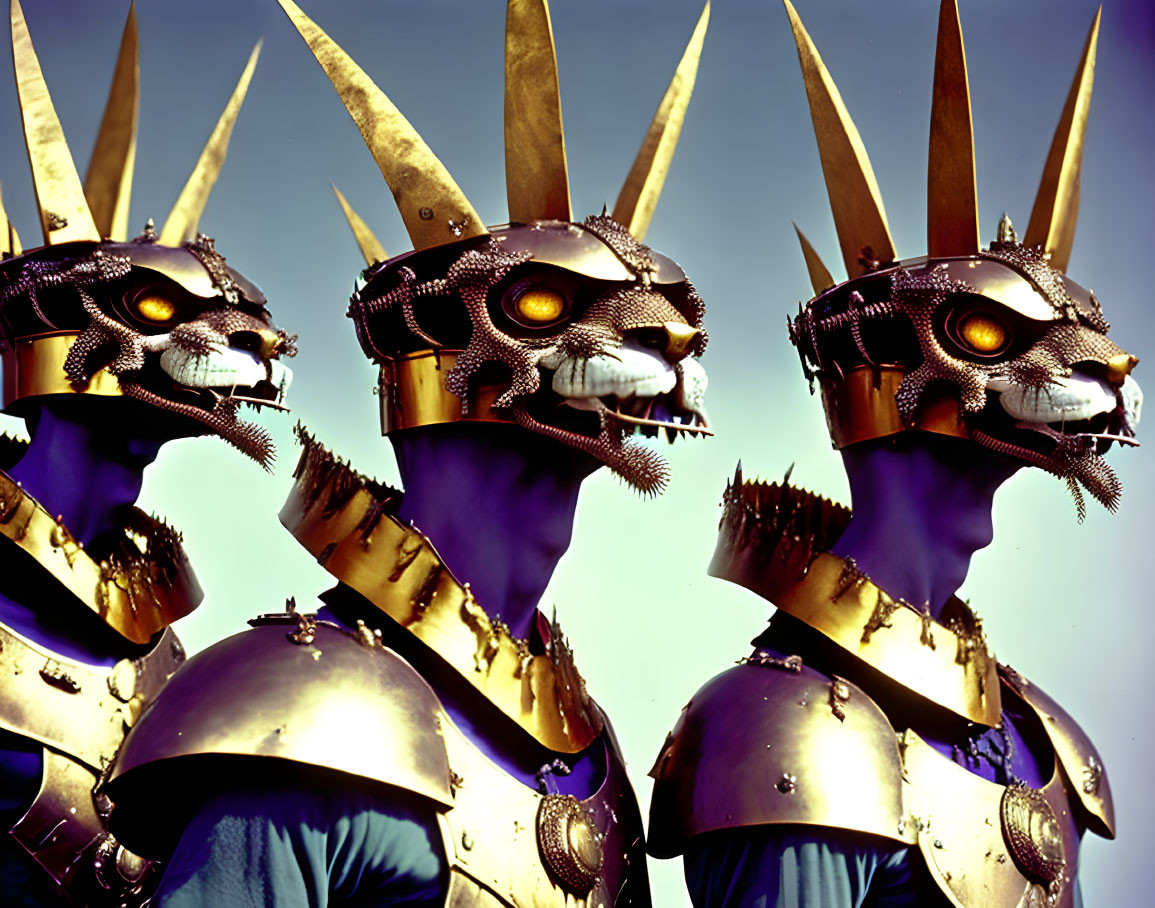 Futuristic golden dragon masks with metallic bodices under purple lighting