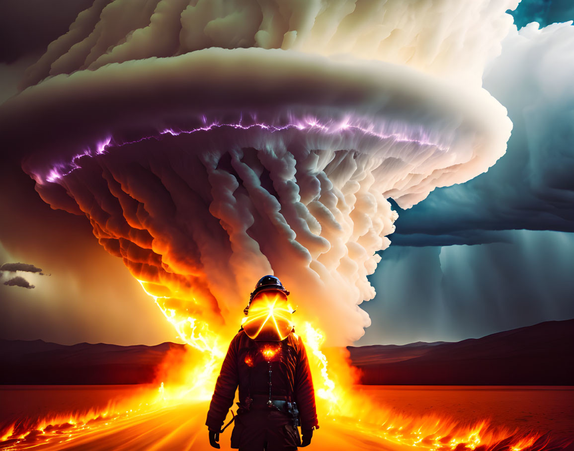 Firefighter faces massive explosion with dramatic clouds and lightning.