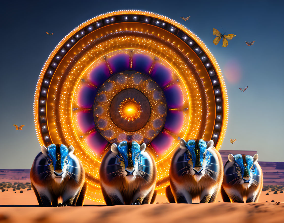 Circular Glowing Portal in Desert with Blue Creatures and Sky Birds