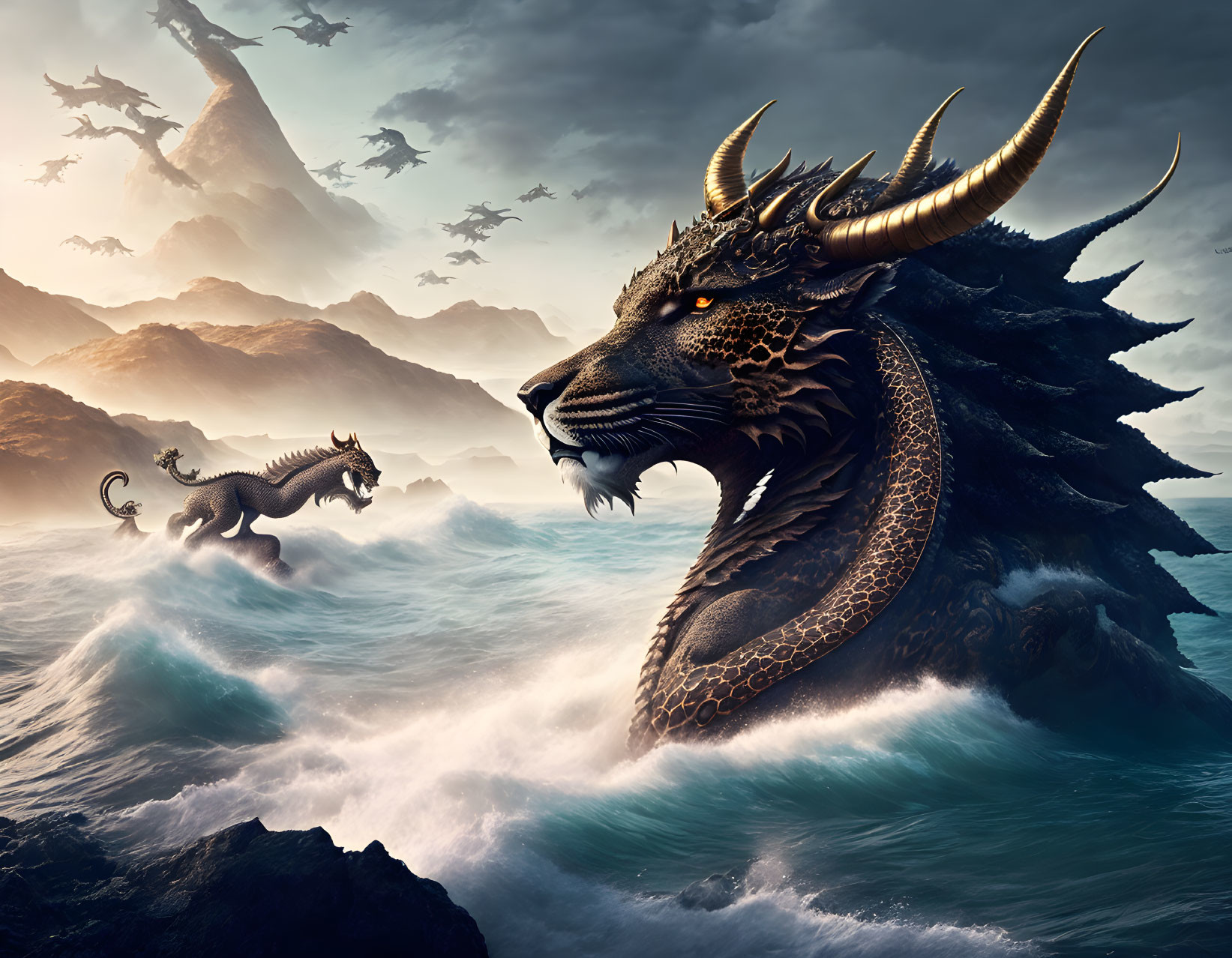 Dragons emerging from ocean with mountains and hazy sky - mythical atmosphere